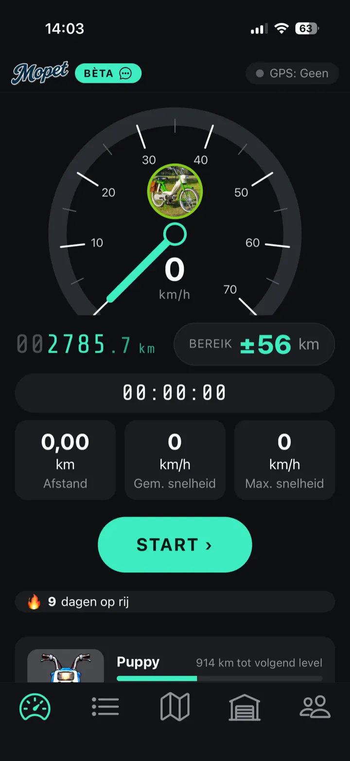 De snelheidsmeter van Mopet met afstand, bereik en de mascotte tijdens een rit.