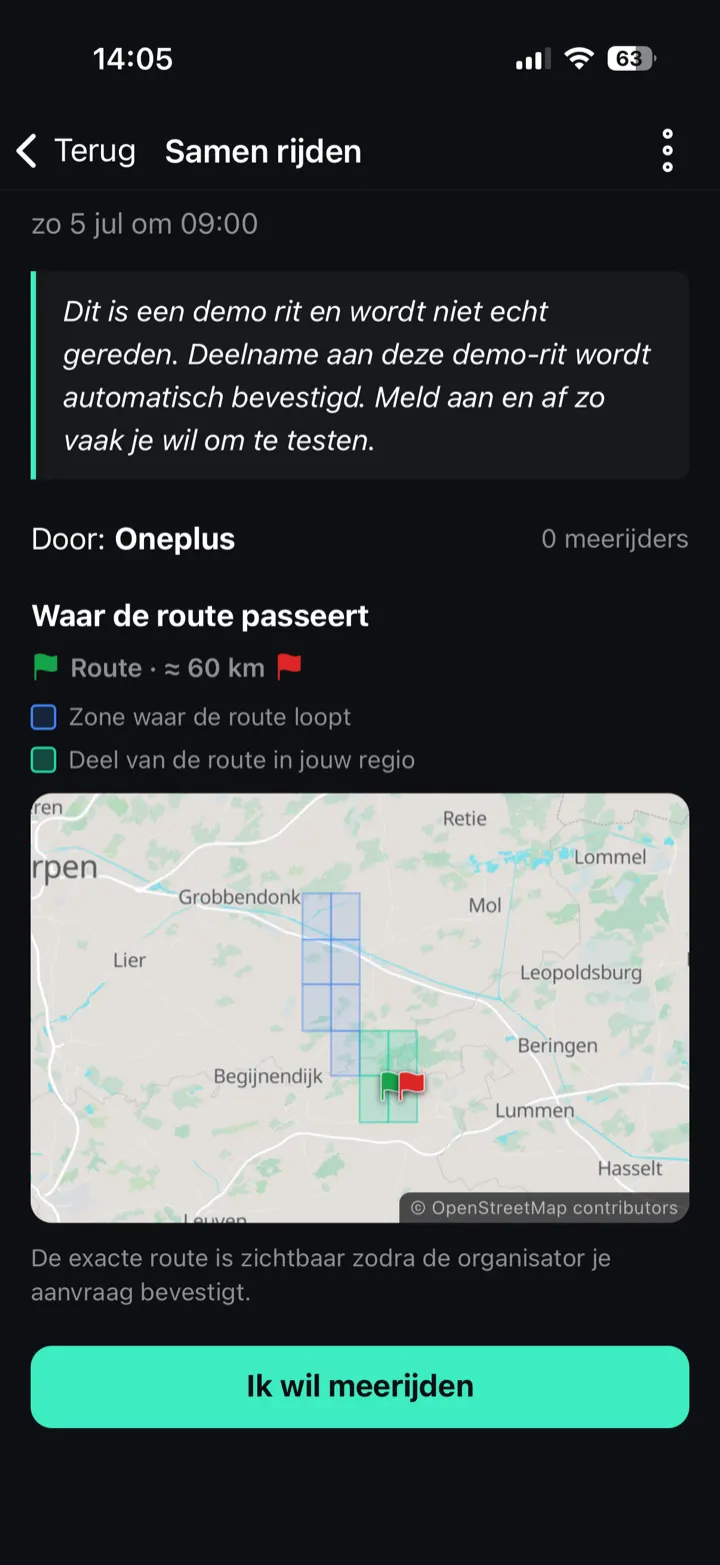 Een ritdetail in Samen rijden dat enkel grove regiozones toont in plaats van de exacte route.