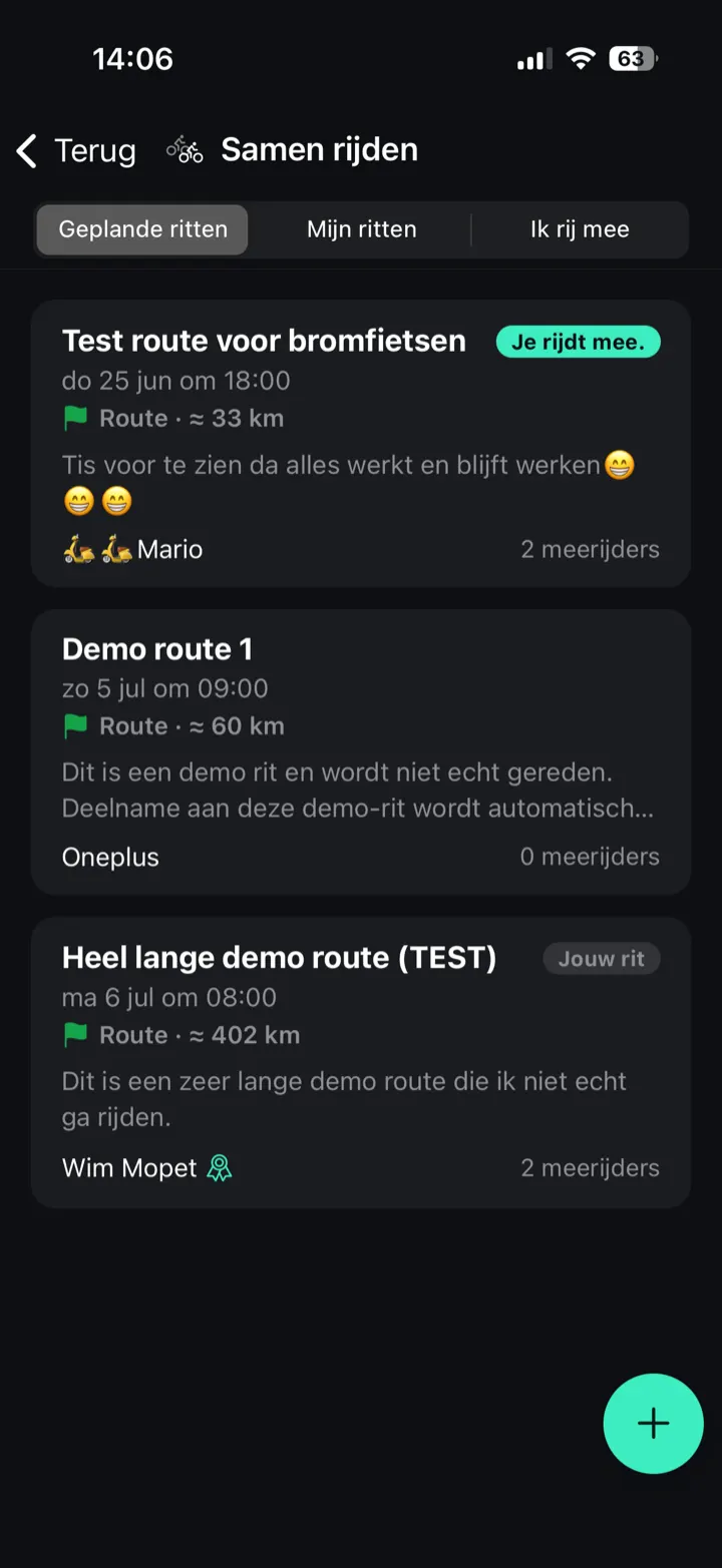 De lijst met geplande ritten in Samen rijden.